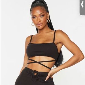 BLACK RIBBER WRAP WAIST DETAIL TOP
